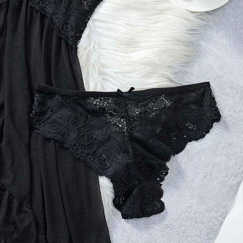 Black Floral Lace Underwire Chemise with Front Cutout and Strappy Hem Detailing
