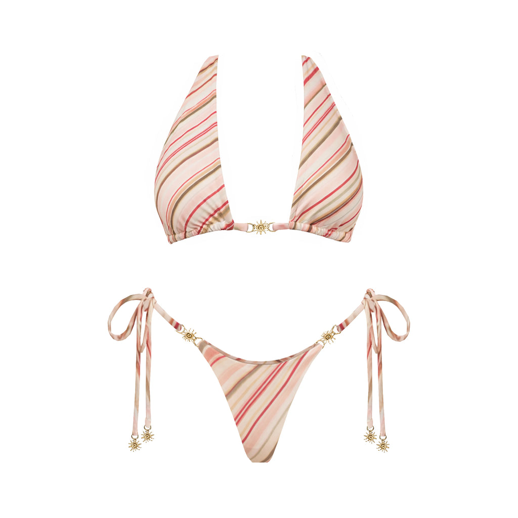 Diagonal Stripe Three-Piece Triangle Bikini Set with Flowing Maxi Skirt