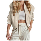 Women's Cropped Button Front Bomber Jacket Relaxed Casual Streetwear Layering Outerwear