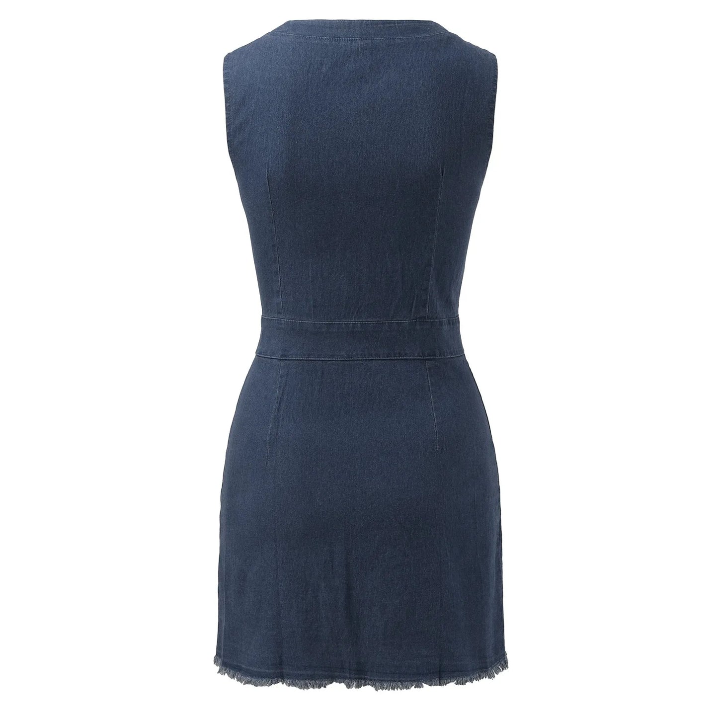 Sleeveless Denim Inspired Button Front Mini Dress with Utility Pocket Details