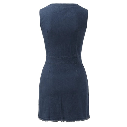 Sleeveless Denim Inspired Button Front Mini Dress with Utility Pocket Details