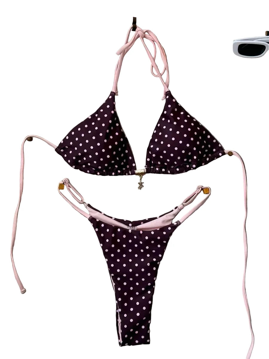Retro Polka Dot Triangle String Bikini with Contrast Pink Straps