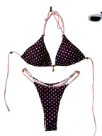Retro Polka Dot Triangle String Bikini with Contrast Pink Straps