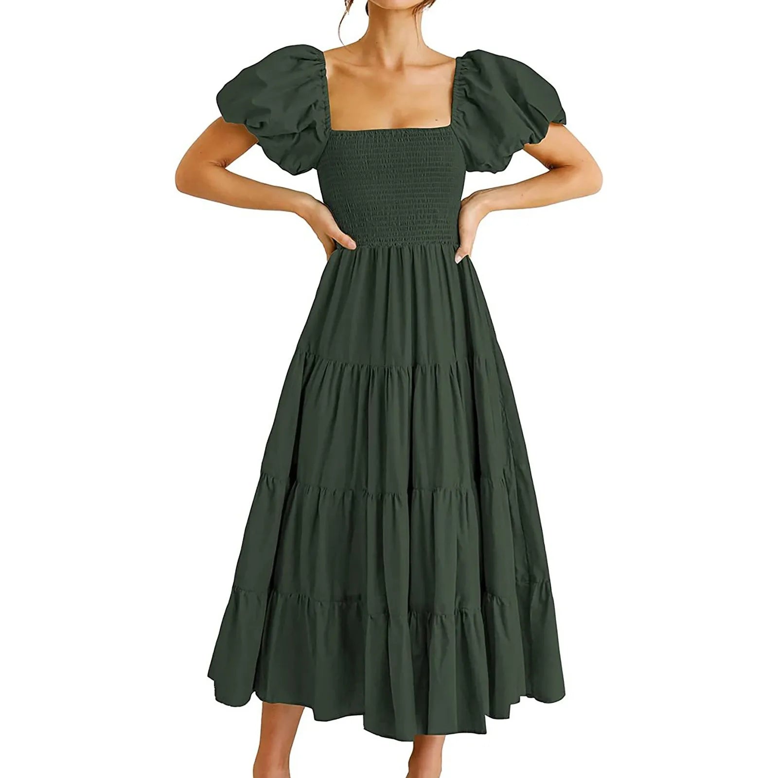 Square Neck Midi Dress with Puff Sleeves and Open Back Design