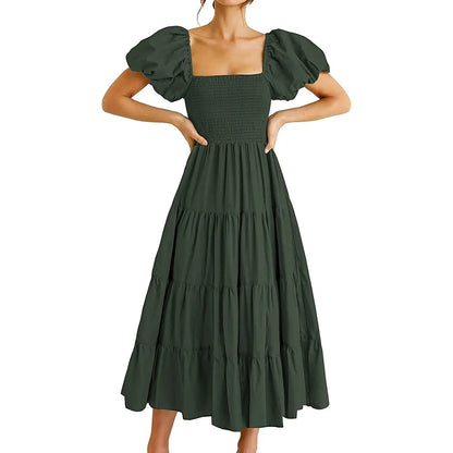 Square Neck Midi Dress with Puff Sleeves and Open Back Design