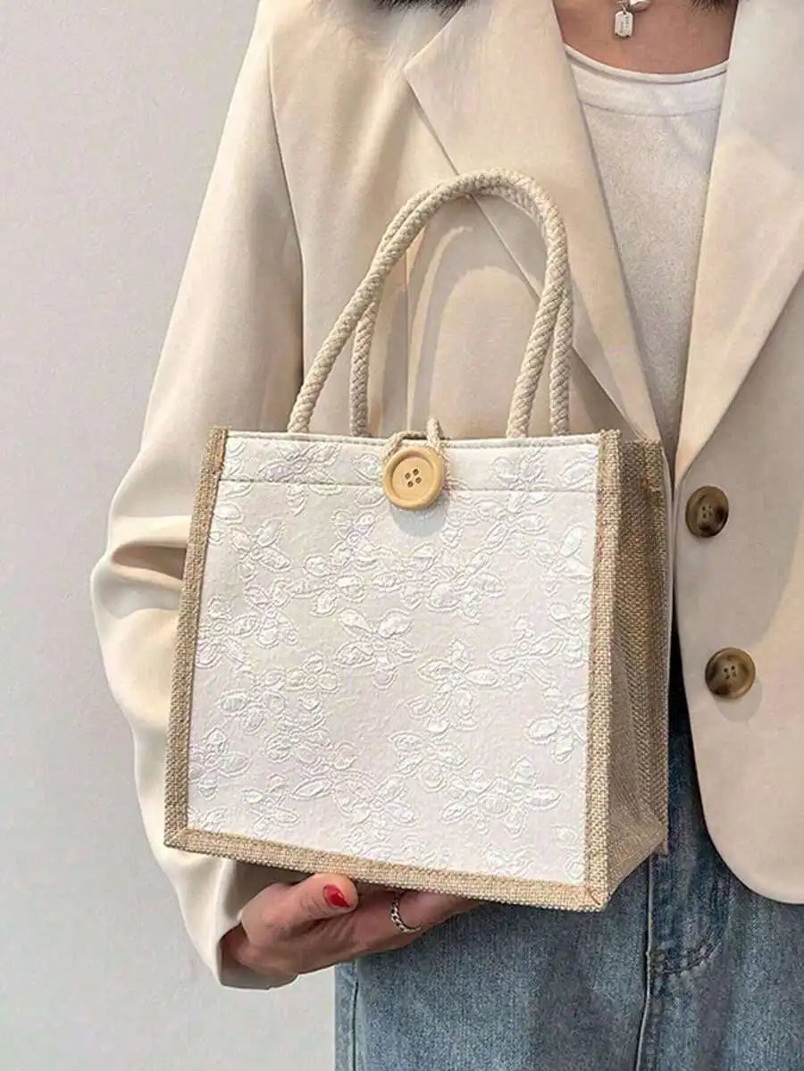 Floral Print Linen Tote Shoulder Bag with Button Closure Design
