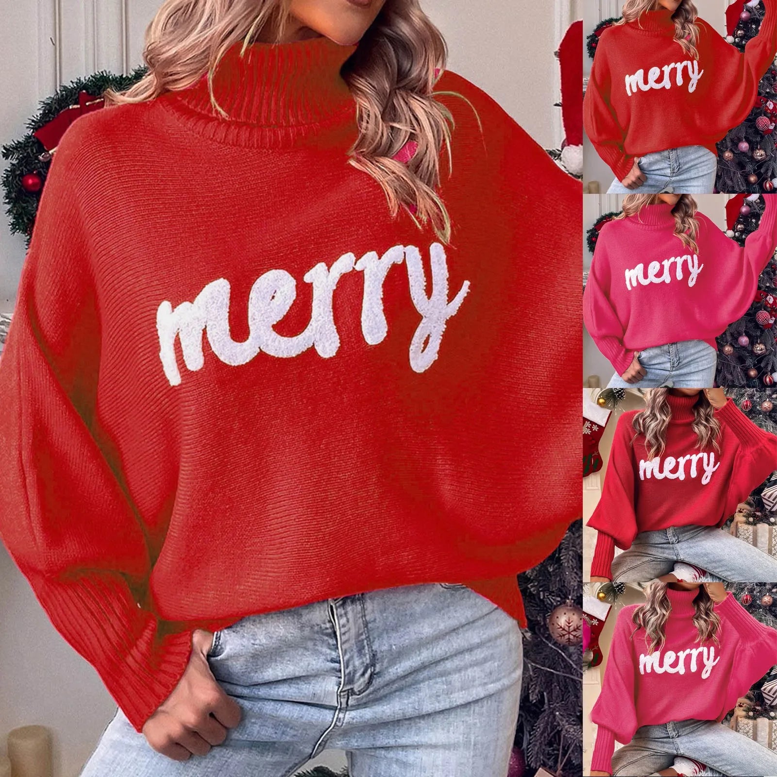 Women's Festive Typography Knit Relaxed Fit Holiday Sweater Pullover