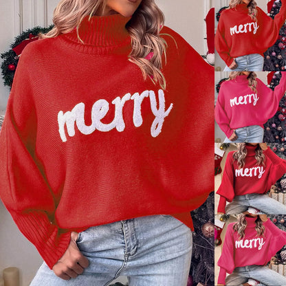 Women's Festive Typography Knit Relaxed Fit Holiday Sweater Pullover