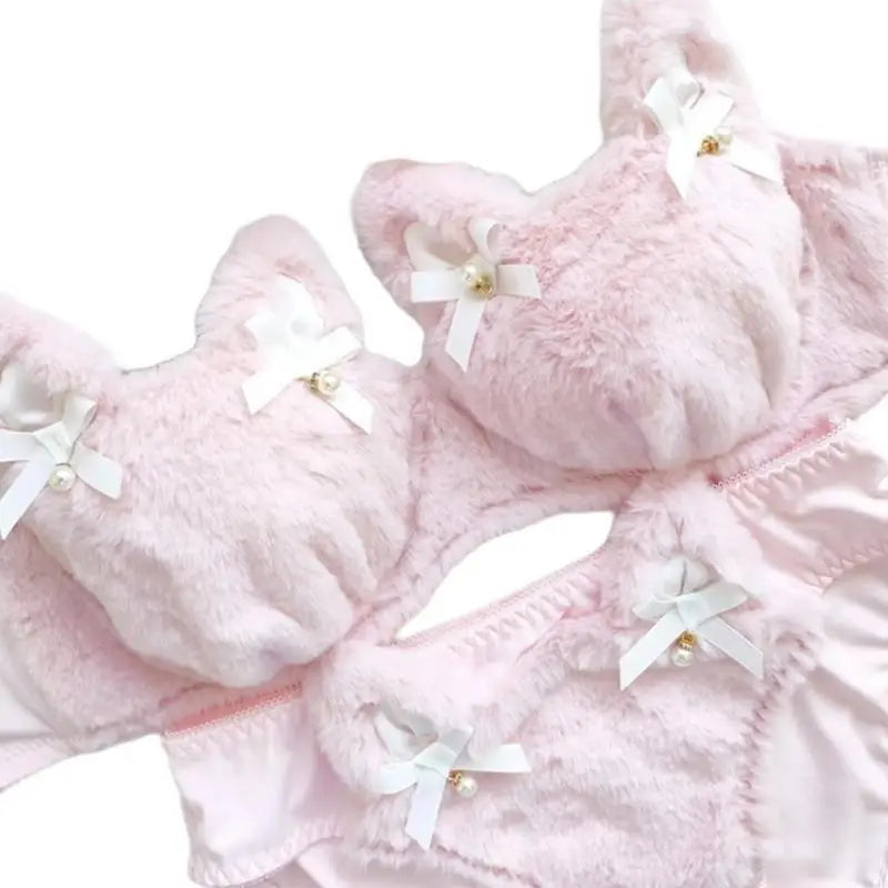 Whimsical Faux Fur Cat-Ear Bralette and Panty Lingerie Set