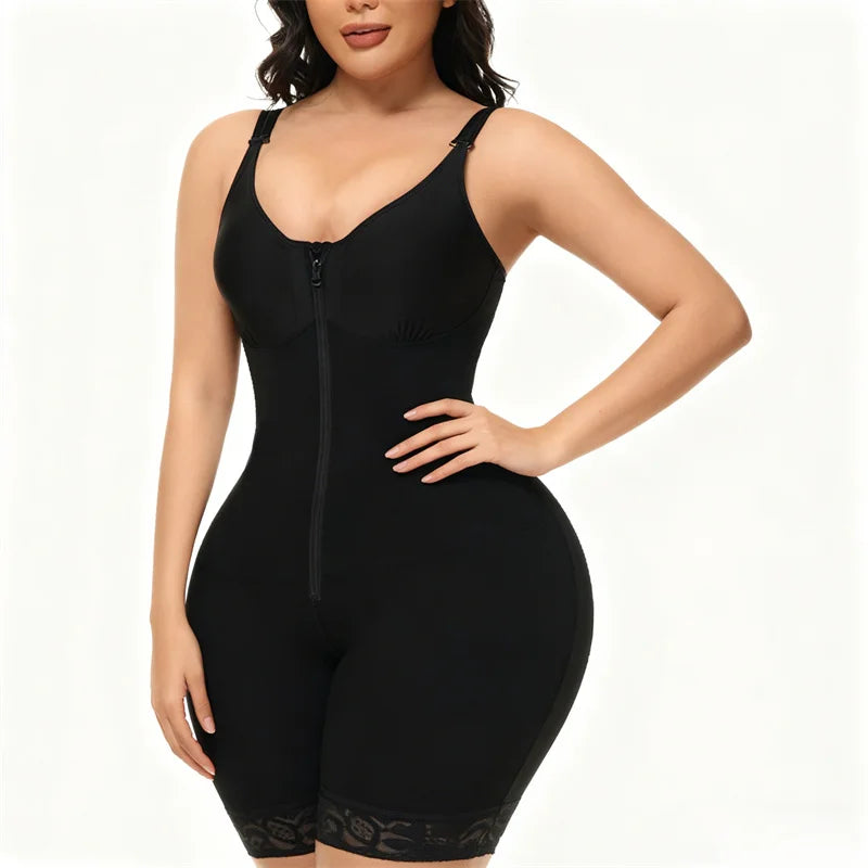 Open-Bust Zippered Bodysuit with Sheer Mesh Paneling and Lace Trim