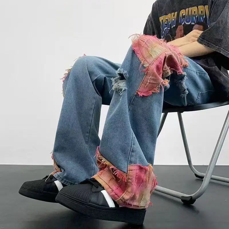 Men's Vintage Wash Flared Denim Jeans with Distressed Patchwork Streetwear Relaxed Fit