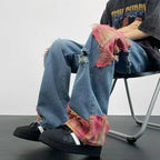 Men's Vintage Wash Flared Denim Jeans with Distressed Patchwork Streetwear Relaxed Fit