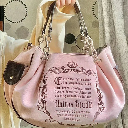 Vintage Inspired Graphic Tote Bag with Chain Accents Large Capacity Design