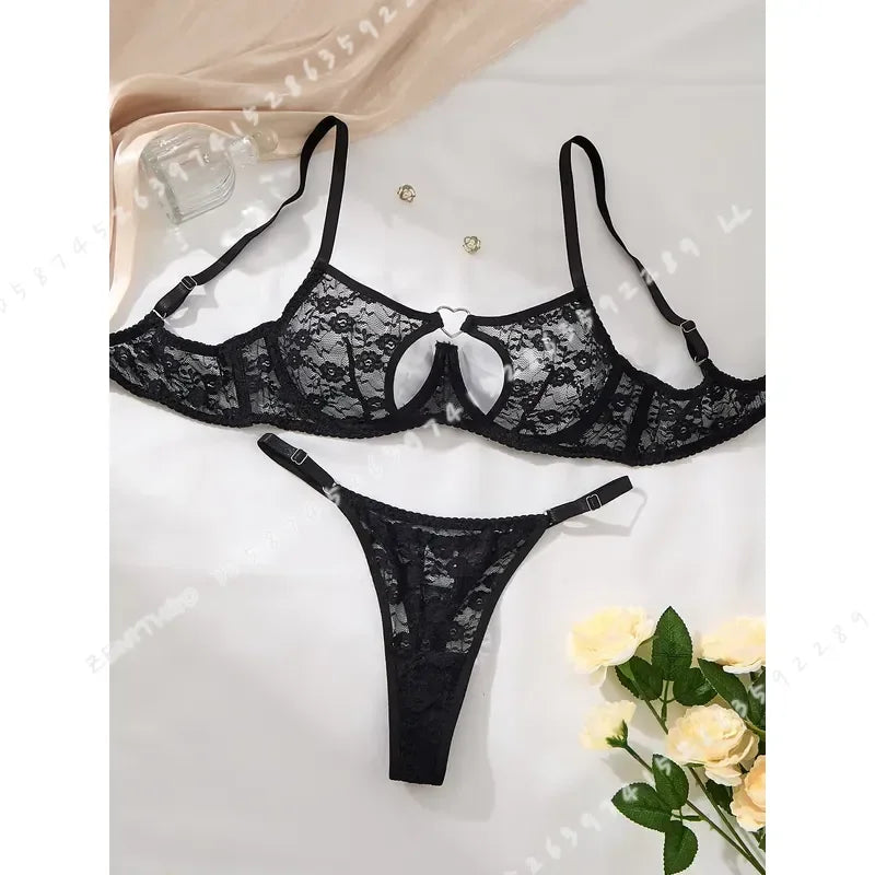 Sheer Black Floral Lace Front-Closure Bra and Thong Set