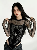 Velvet Printed Long Sleeve Gothic Bodysuit for Dark Aesthetic Fashion