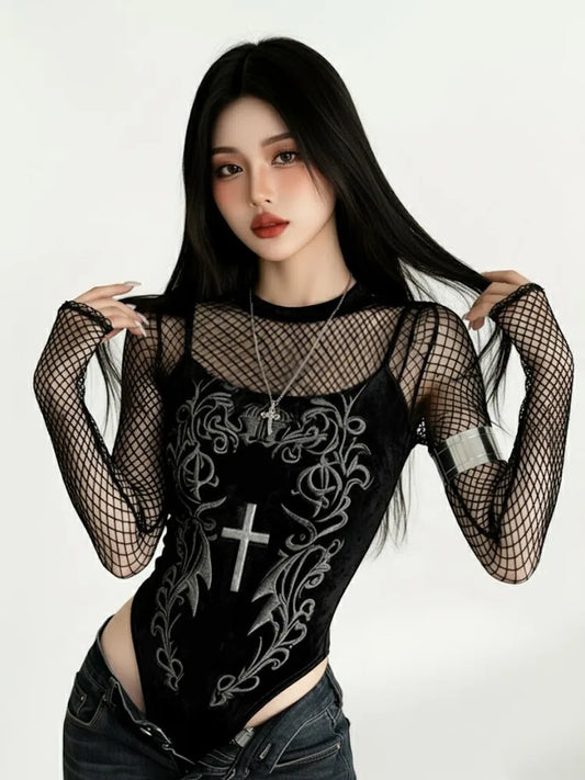 Velvet Printed Long Sleeve Gothic Bodysuit for Dark Aesthetic Fashion