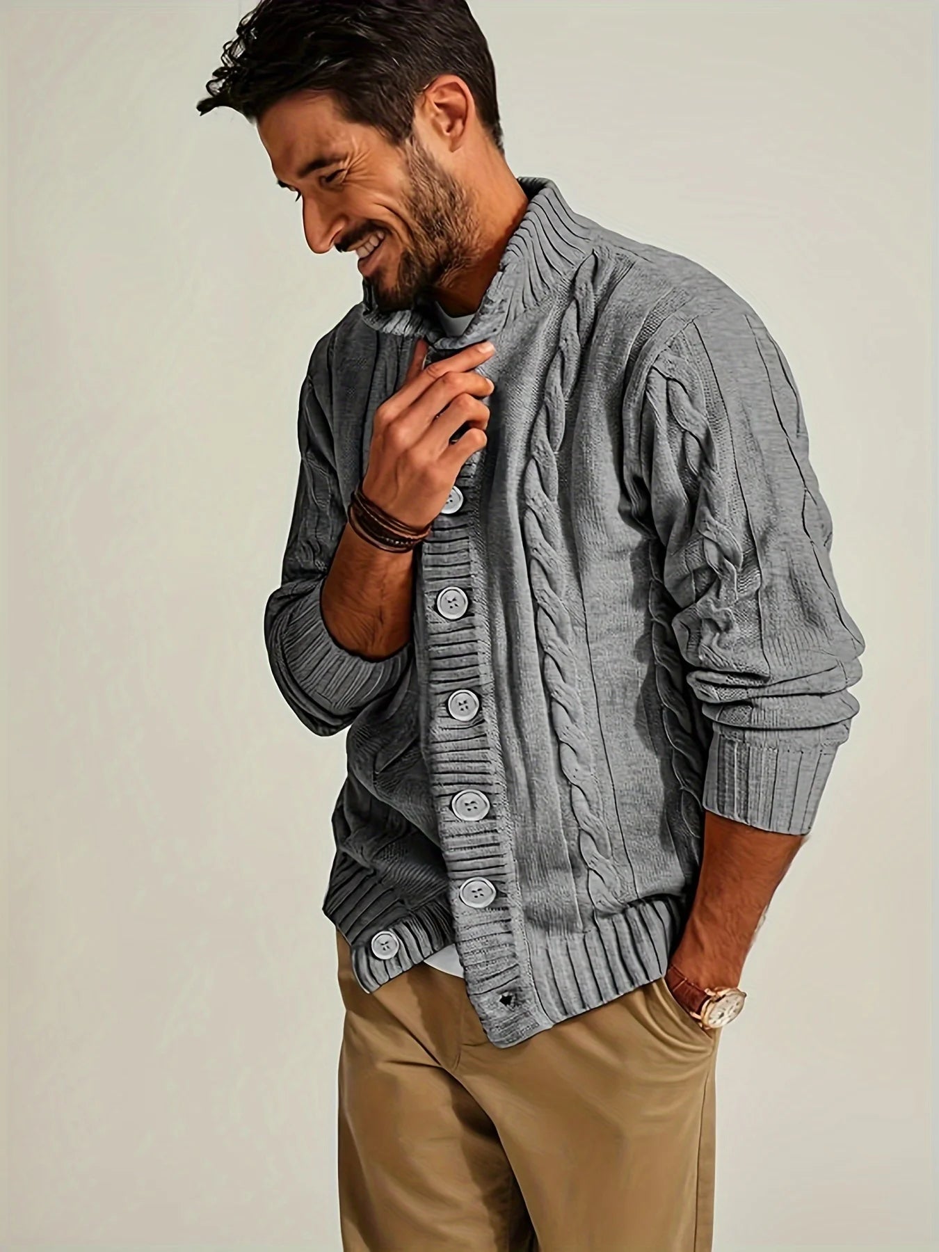 Men's Cable Knit Button Front Cardigan Sweater with Casual Relaxed Fit
