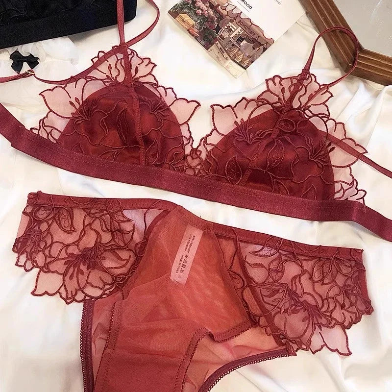 Ethereal Sheer French Lace Triangle Bralette and Matching Scalloped Panty Set