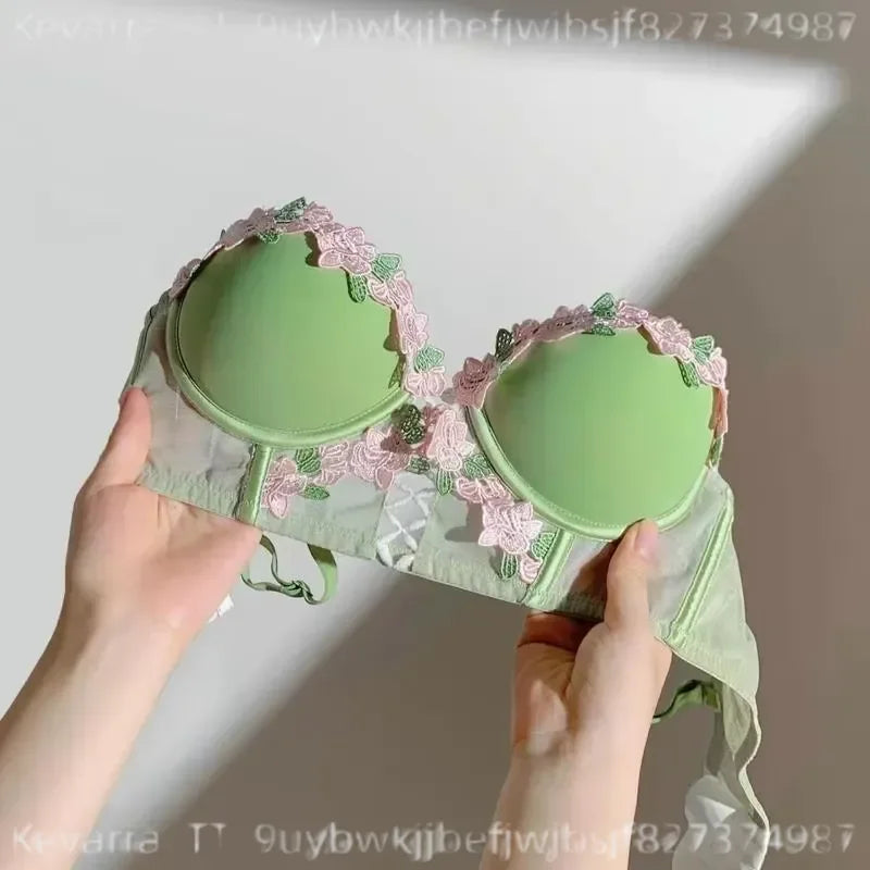 Pastel Floral Embroidered Contour Push-Up Bra and Matching Scalloped Brief Set