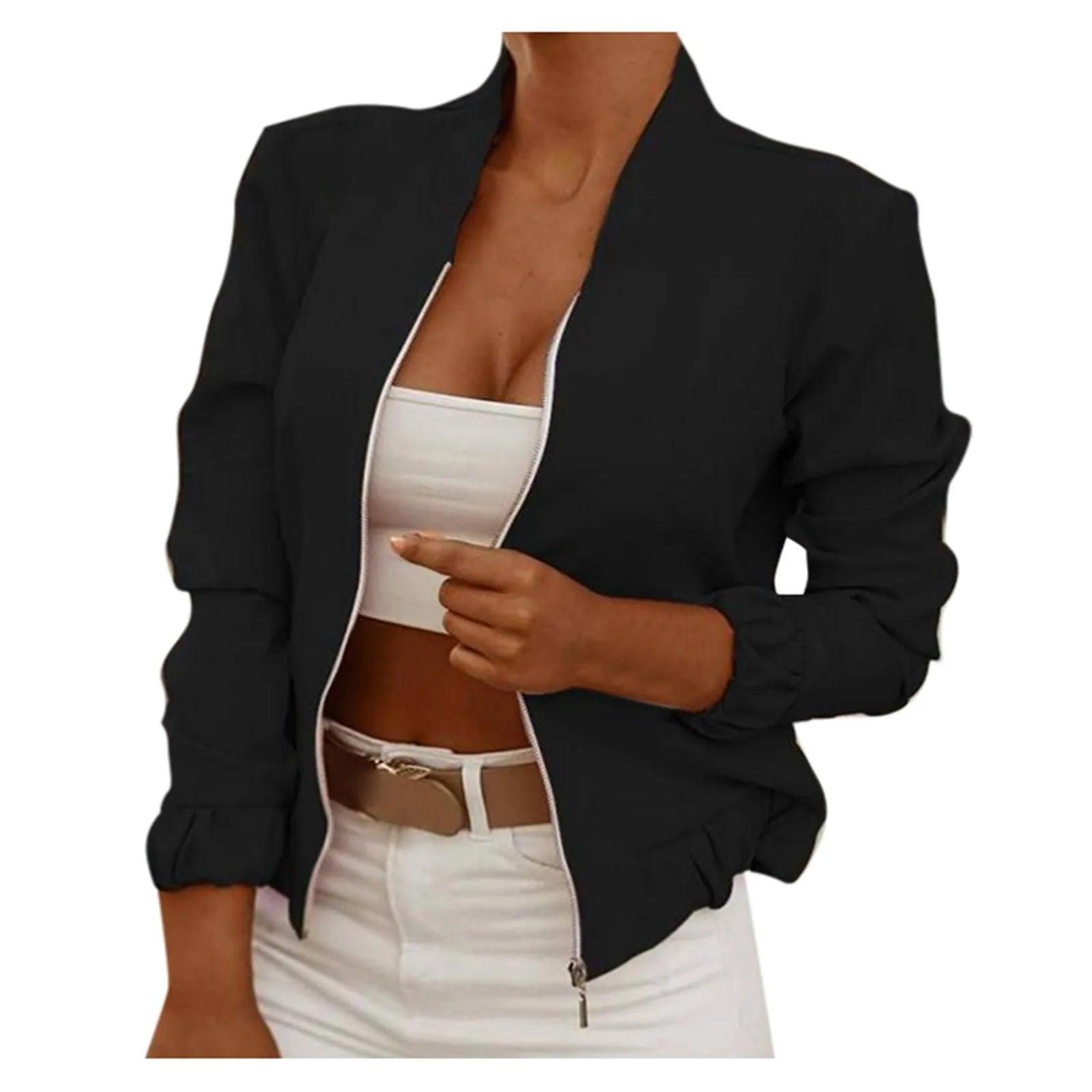 Women's Minimalist Zip-Up Bomber Jacket with Stand Collar Contemporary Casual Streetwear Style