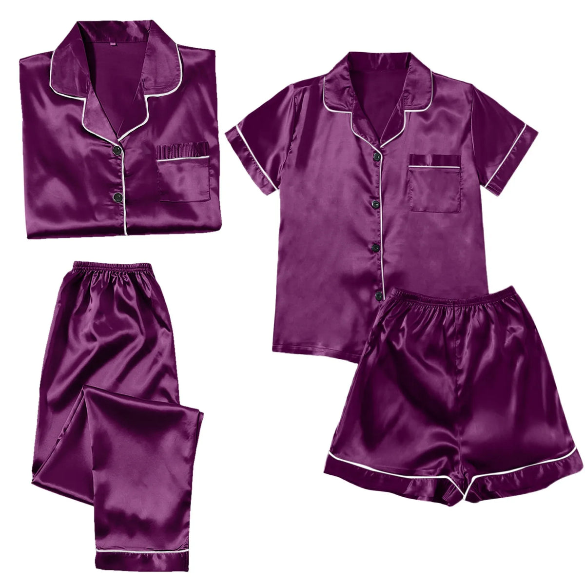 Women's 4-Piece Satin-Look Pajama Set, Short- and Long-Sleeve Tops with Matching Pants and Shorts, Soft Coordinated Loungewear
