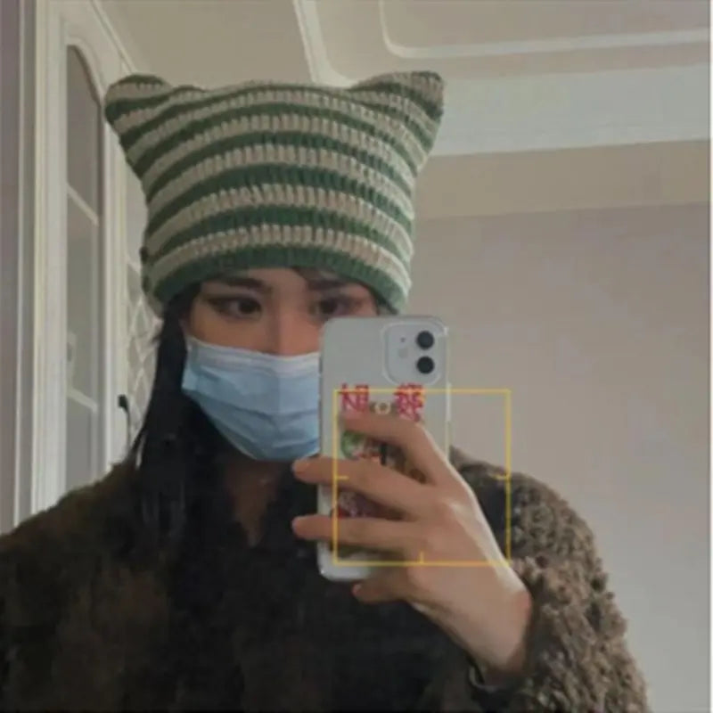 Striped Cat Ear Knit Beanie with Cotton Acrylic Blend for Playful Streetwear Fashion Style