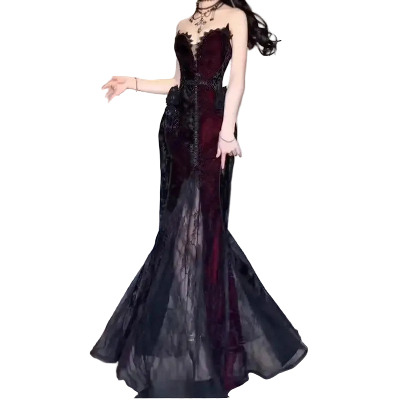 Dark Romantic Lace Maxi Dress with Gothic Evening Fashion Aesthetic