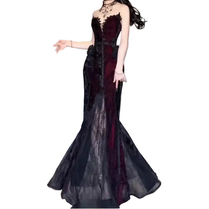 Dark Romantic Lace Maxi Dress with Gothic Evening Fashion Aesthetic