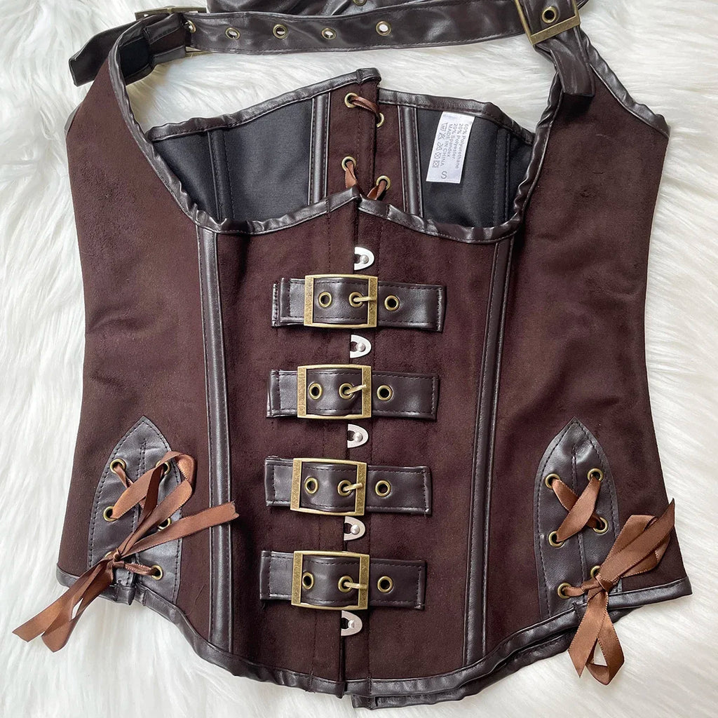 Vintage-Inspired Brown Suede Underbust Corset with Halter Strap and Metal Buckles