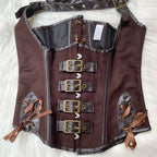 Vintage-Inspired Brown Suede Underbust Corset with Halter Strap and Metal Buckles