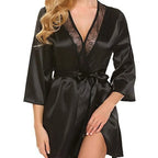 Sophisticated Satin-Finish Wrap Robe with Sheer Lace Lapel Paneling