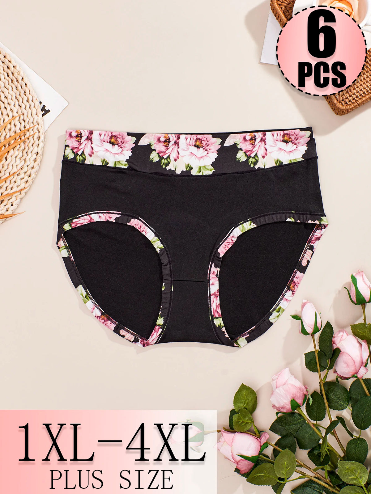 Six-Piece High-Waisted Brief Set with Floral Print Waistband (Plus Size)