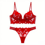 Midnight Black Sheer Floral Embroidered Unlined Bra and Thong Set