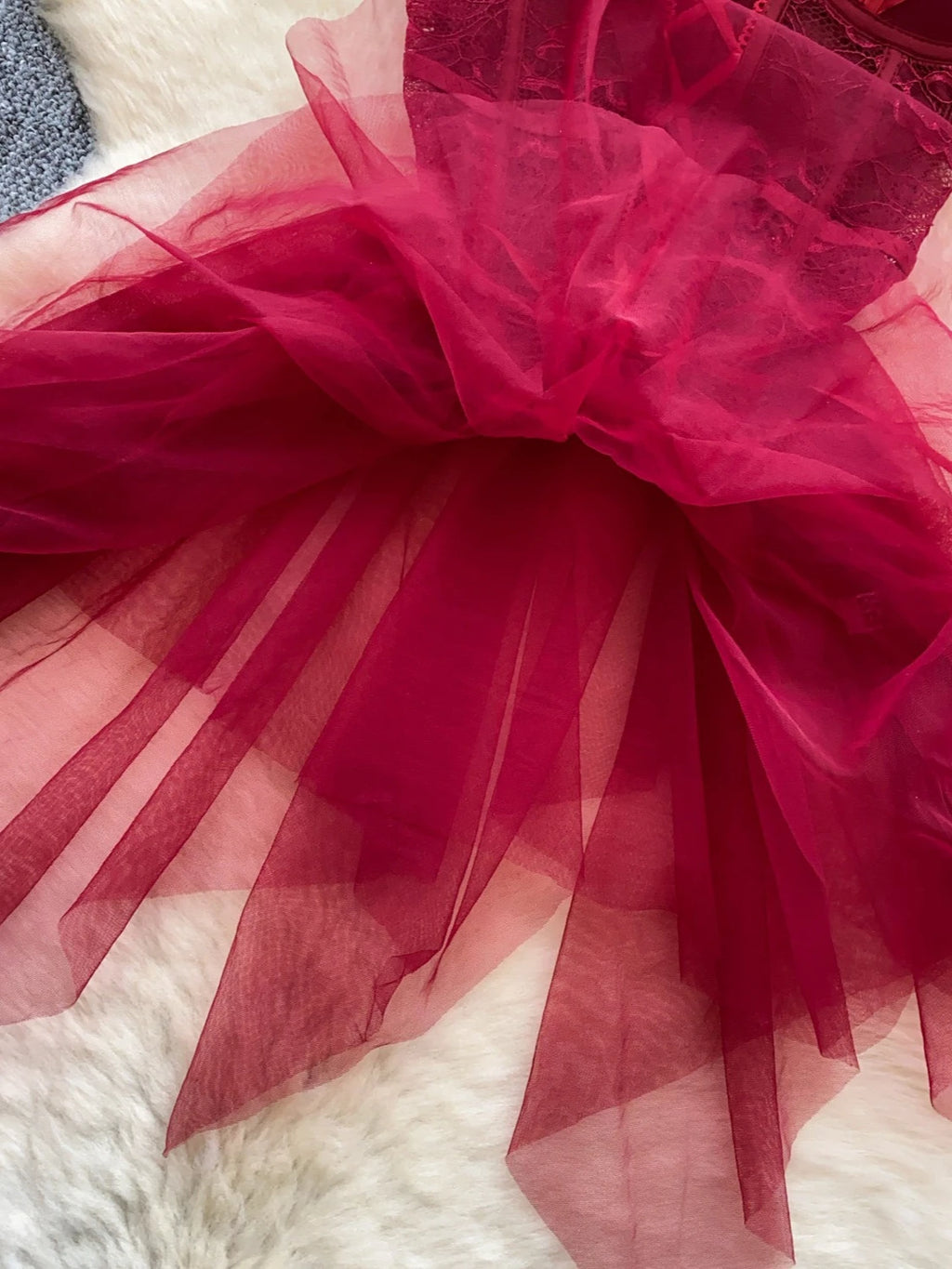 Deep Red Corset-Style Tulle Dress with Lace-Up Front and Ribbon Straps
