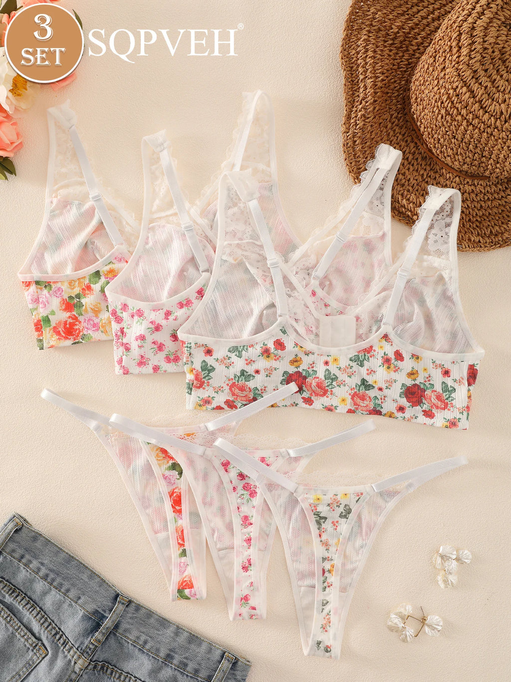 Romantic Floral Print Wire-Free Bralette and Thong Three-Piece Collection