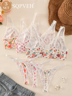 Romantic Floral Print Wire-Free Bralette and Thong Three-Piece Collection
