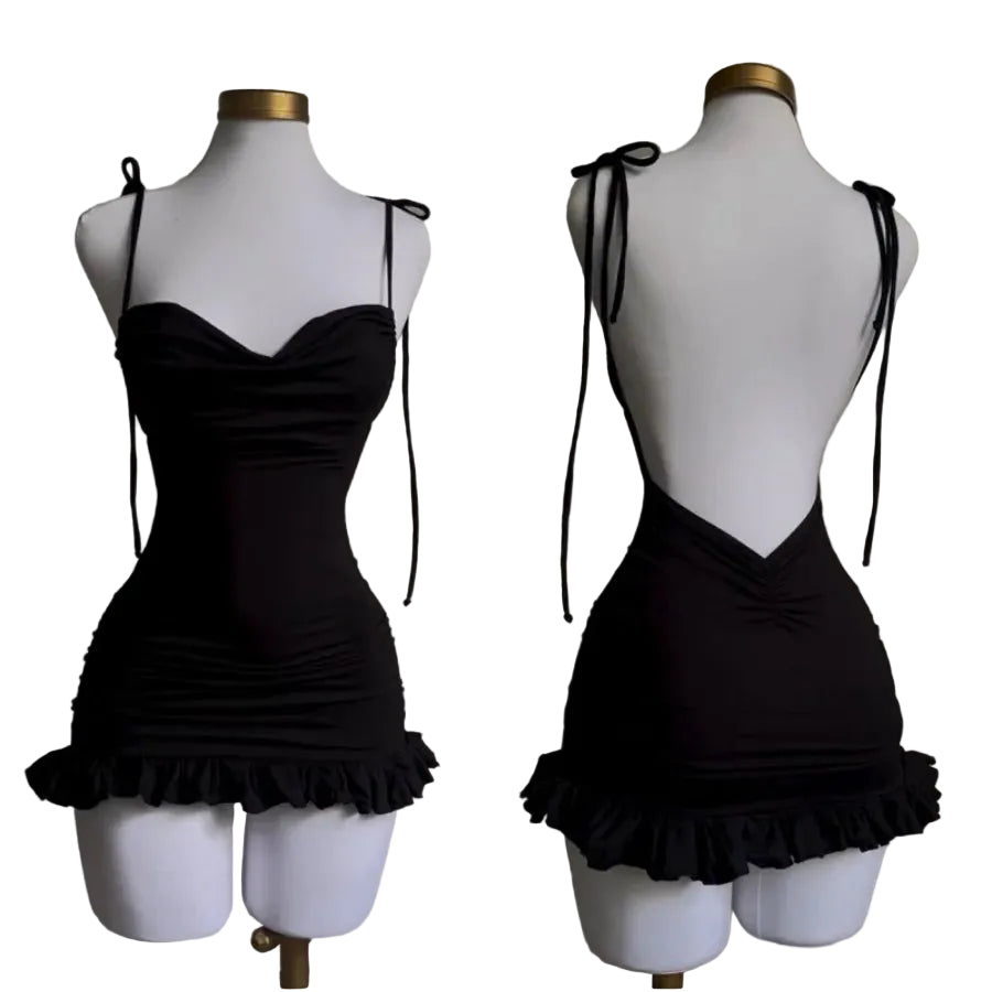 Backless Gothic Slip Dress with Minimal Anime Streetwear Silhouette