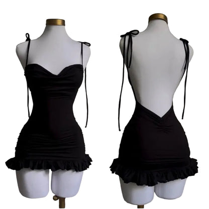 Backless Gothic Slip Dress with Minimal Anime Streetwear Silhouette