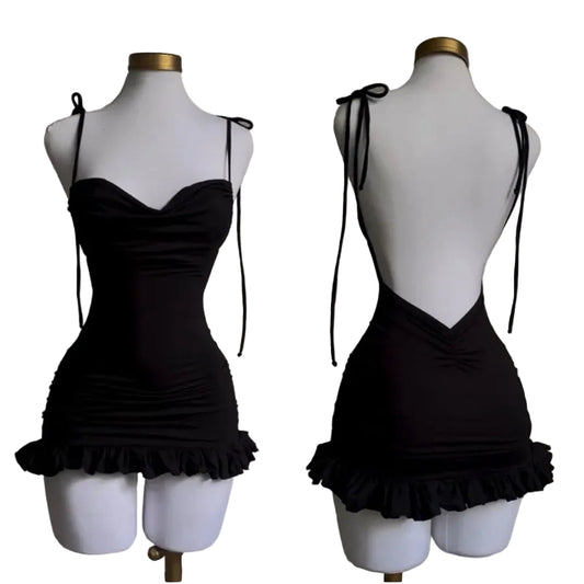 Backless Gothic Slip Dress with Minimal Anime Streetwear Silhouette