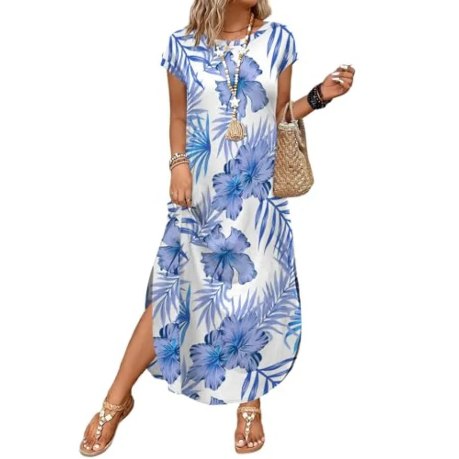 Tropical Print Cap Sleeve Maxi Dress with Pockets Casual Vacation Style