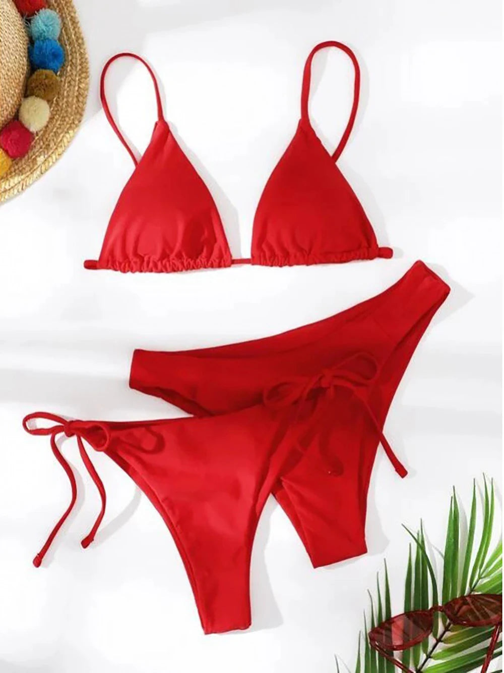 Solid White Three-Piece Triangle Bikini Set with Side-Tie Details