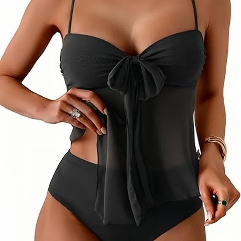 Earthy Brown Chiffon Bow Tankini Set with High-Waisted Bottoms