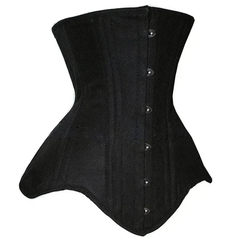 Classic Black Long Torso Underbust Corset with Front Busk Closure and Structured Steel Boning