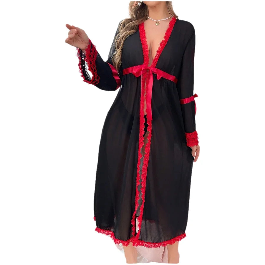 Dramatic Sheer Black Long Robe with Contrasting Red Ruffled Trim