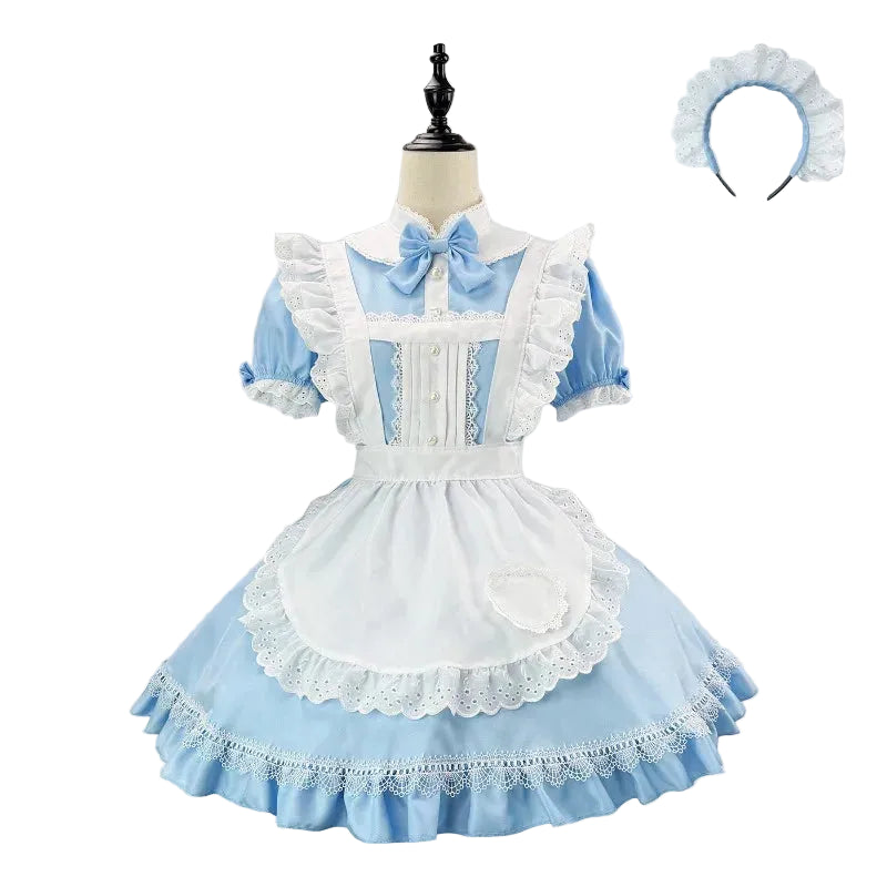 Sky Blue and White Alice-Inspired Maid Dress with Ruffled Apron and Matching Headband