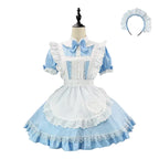 Sky Blue and White Alice-Inspired Maid Dress with Ruffled Apron and Matching Headband