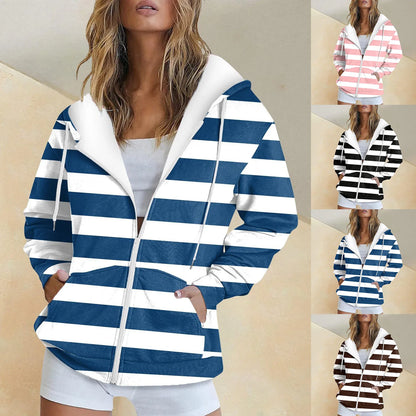 Classic Striped Zip-Up Hooded Sweatshirt with Relaxed Fit for Casual Everyday Streetwear