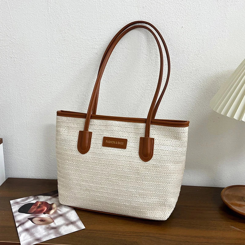 Large Capacity Woven Straw Tote Shoulder Bag for Everyday Travel