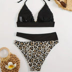 Geometric Pattern High-Waisted Bikini with Solid Navy Contrast Banding