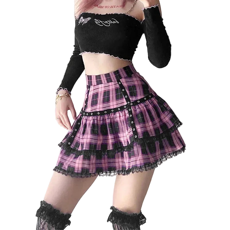 Plaid Tiered Ruffle Mini Skirt Lace Trim Gothic Inspired Alternative Bottom